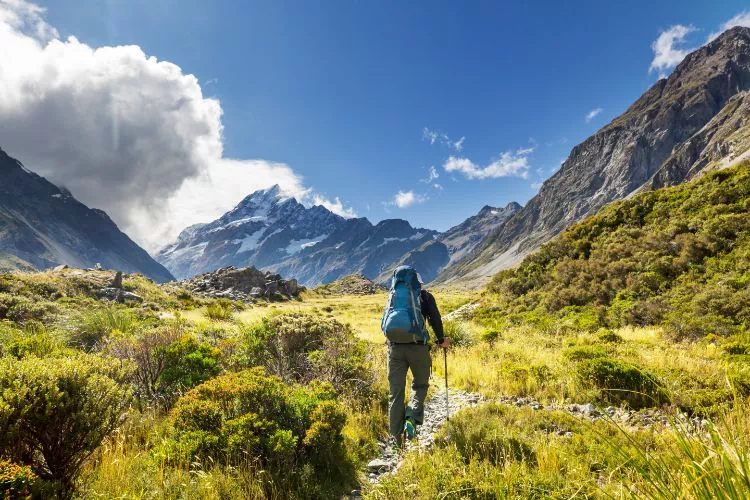Personne faisant une randonnée en montagne en été