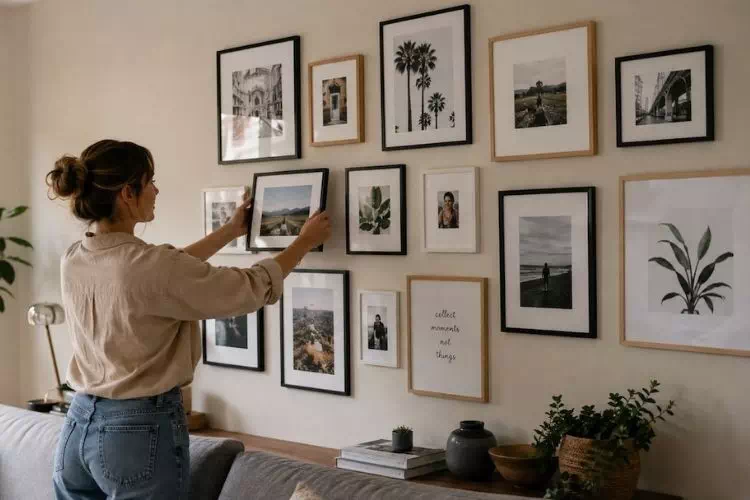 Femme posant des cadres sur un mur